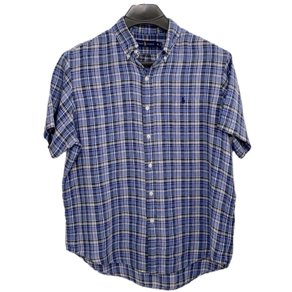 Ralph Lauren men’s XL navy blue and white plaid short sleeve button down shirt.